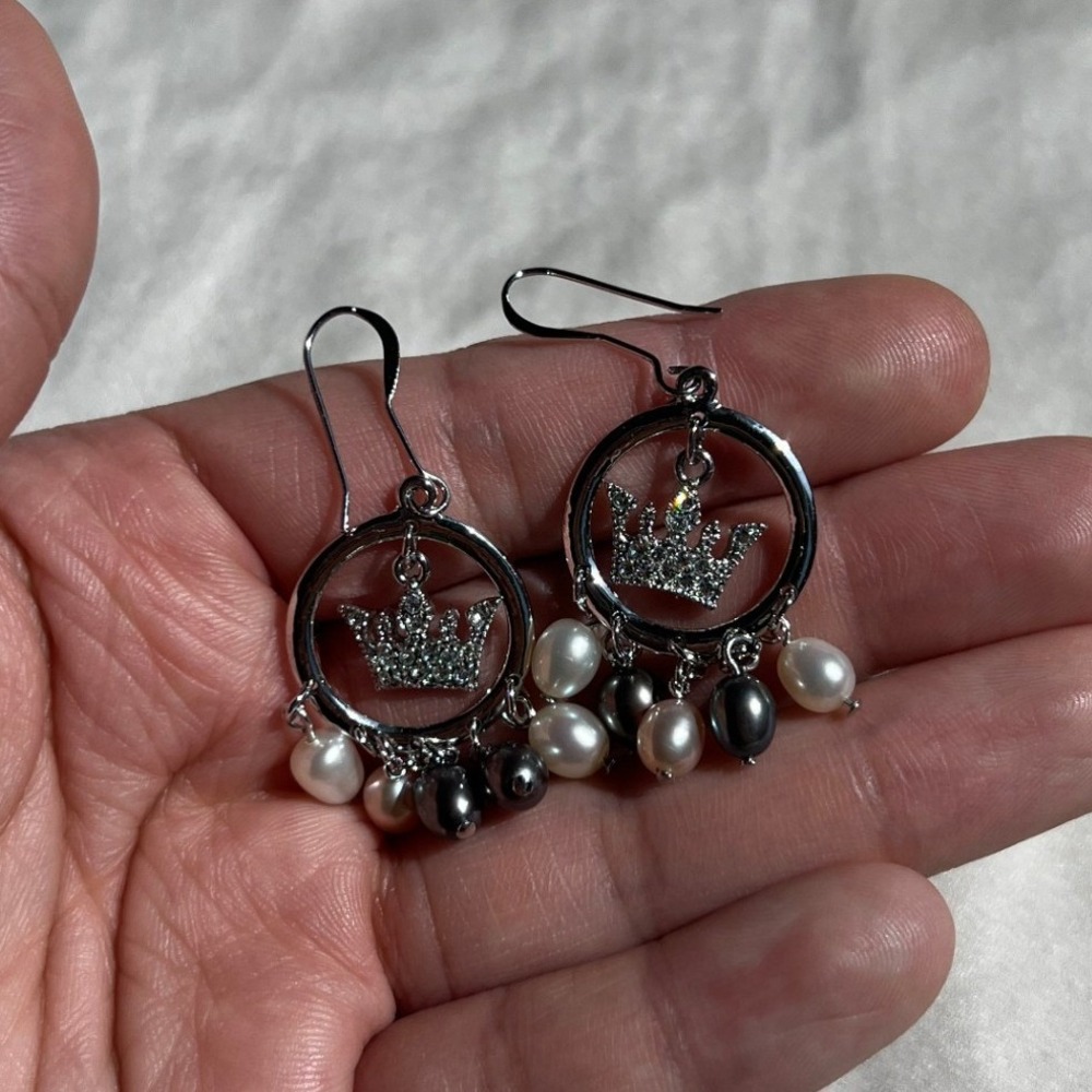 Silver Regal Crown Faux Pearl Chandelier Earrings OS Glamour Chic Regencycore